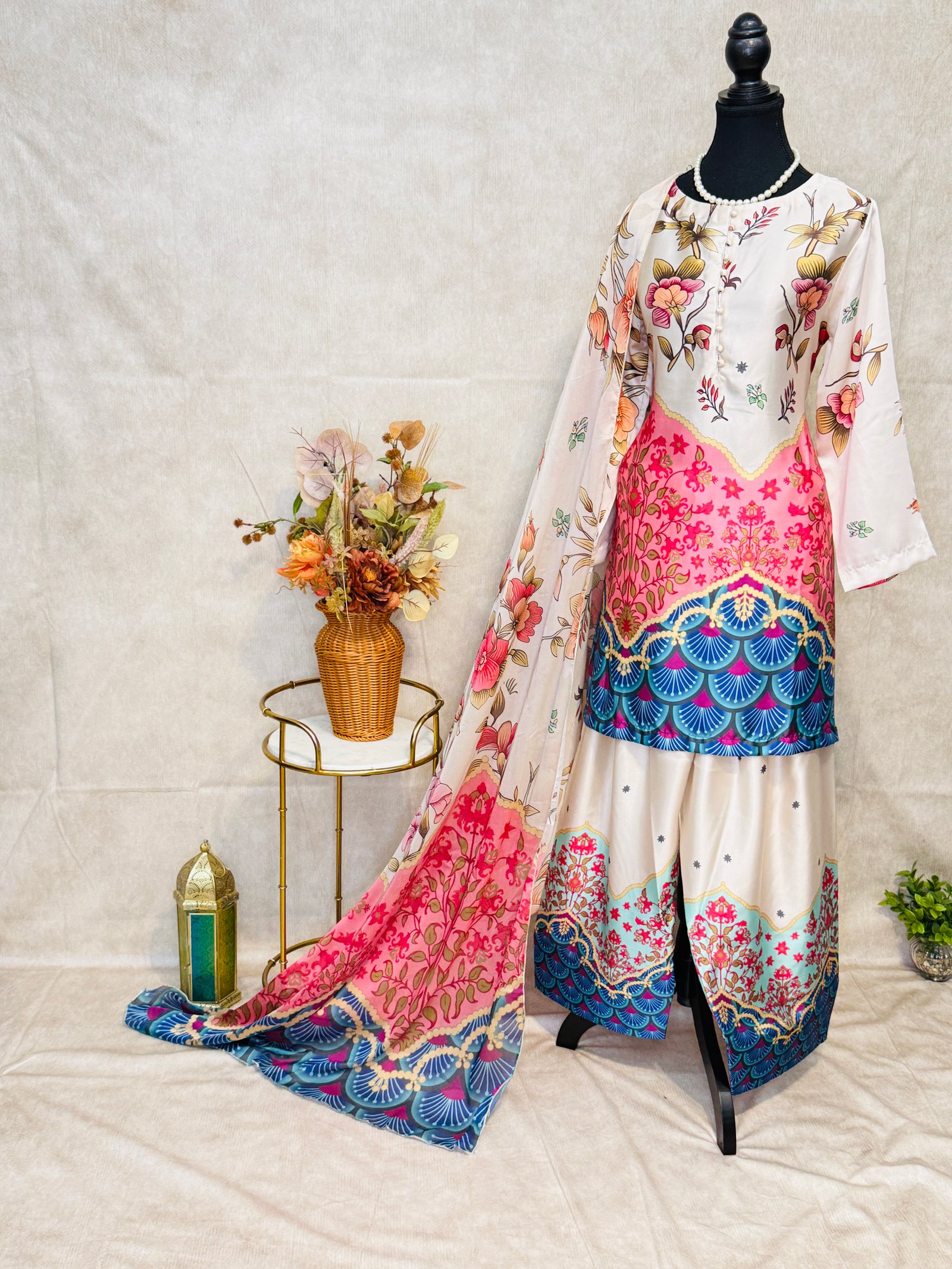 Ivory Pink & Blue Floral Farshi Salwar Suit
